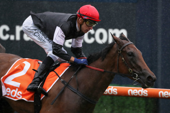 Jockey Jordan Childs steers Mildred to victory for trainer Grahame Begg in the Chairman Stakes at Caulfield on Saturday.
