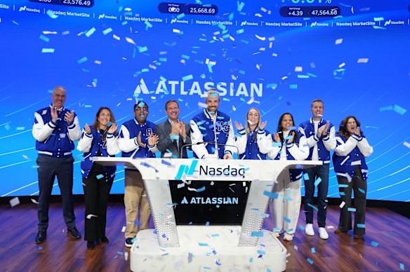Atlassian co-founder Mike Cannon-Brookes at the Nasdaq marking the 10th anniversary of the company’s listing.