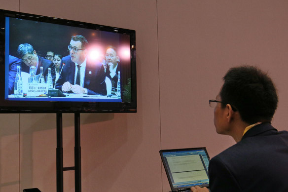 Daniel Andrews giving a speech at the parallel sessions of the Belt and Road Forum in Beijing in 2017. 