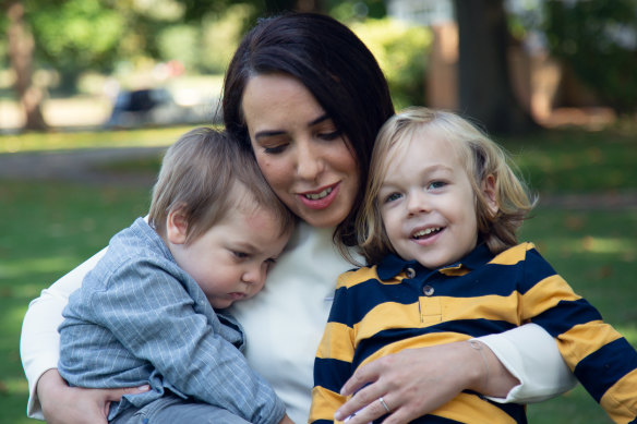 Stella Moris with her kids, Max, 18 months, and Gabriel, 3, in London.