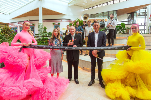 Stonnington Mayor Jami Klisaris (centre left), property magnate John Gandel and Vicinity Centres chief executive Peter Huddle at the opening of Chadstone’s entertainment precinct.