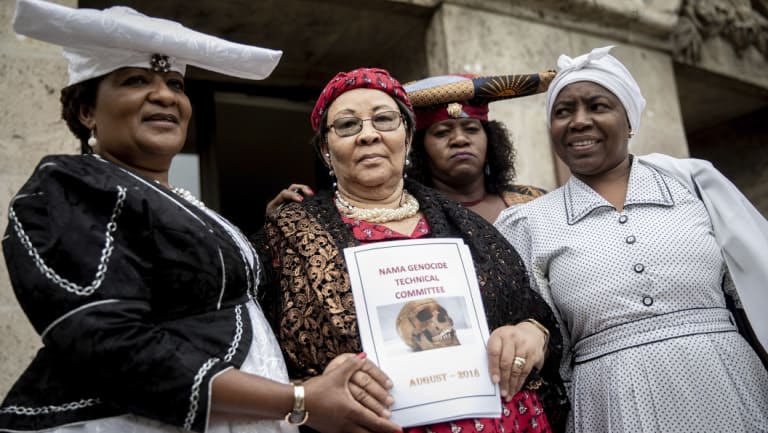 a delegation of Ovaherero and Nama from Namibia, Esther Utjiua Muinjangue, left, chairwoman of the Ovaherero Genocide Foundation, Ida Hoffmann, second from left, member of parliament and chairwoman of the Nama Genocide Technical Committee in Namibia in Berlin in August.