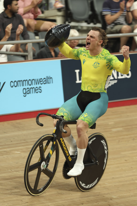 Matthew Richardson, of Australia, celebrates after winning the men’s sprint finals at the Commonwealth Games in 2022.