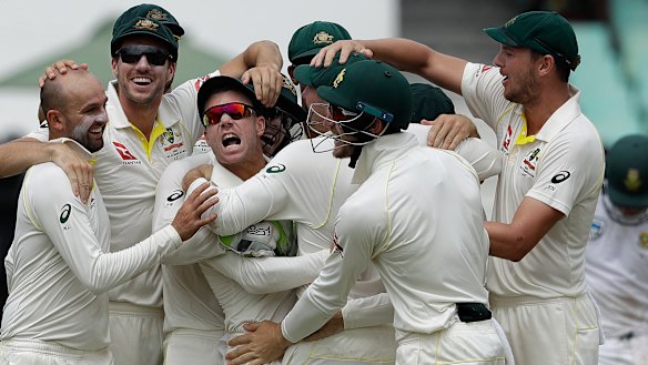 Tirade: David Warner is mobbed by teammates after the run out of  AB de Villiers for a duck.