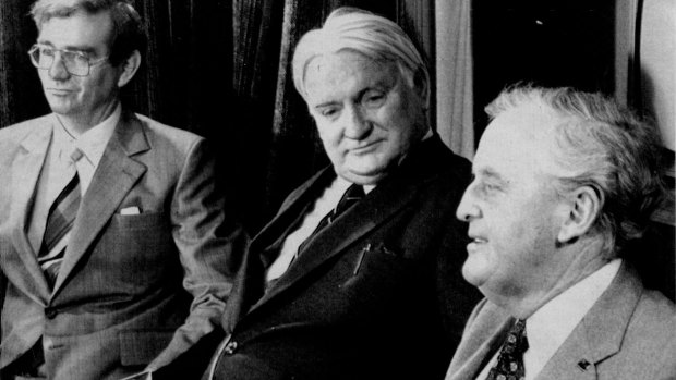 Then-primary industries minister Mike Ahern (left), with Sir Joh (right) and his deputy Vic Sullivan in 1980.
