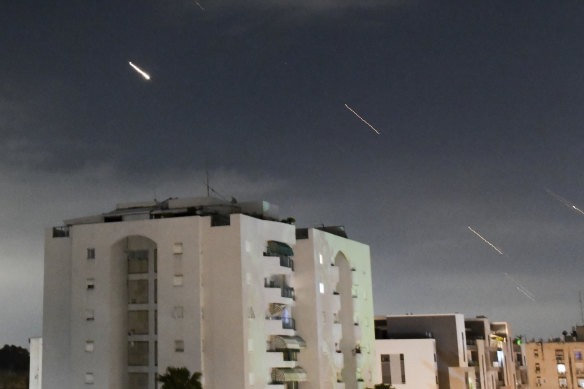 The Israeli Iron Dome air defence system launches to intercept missiles fired from Iran.