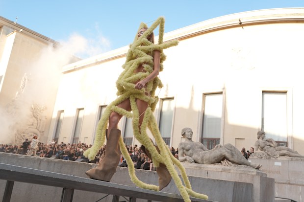 Model on the runway at the Rick Owens fashion show as a part of RTW Spring/Summer 2027 on October 1, 2026 in Paris, France.