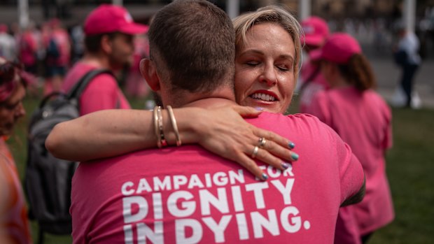 Pro-assisted dying campaigner Rebecca Wilcox hugs a fellow campaigner after MPs voted in favour of the assisted dying bill.
