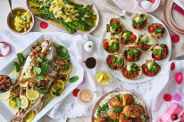Clockwise from left: Julia Busuttil Nishimura’s Maltese-style stuffed snapper; Karen Martini’s grilled Romano beans with braised lemon, garlic and dill; Danielle Alvarez’s baked scallops with tomatoes and herbed breadcrumbs; Karen Martini’s roasted potatoes with herbed fromage blanc. 