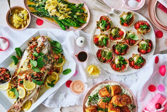 Clockwise from left: Julia Busuttil Nishimura’s Maltese-style stuffed snapper; Karen Martini’s grilled Romano beans with braised lemon, garlic and dill; Danielle Alvarez’s baked scallops with tomatoes and herbed breadcrumbs; Karen Martini’s roasted potatoes with herbed fromage blanc. 