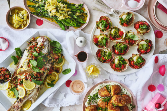 Clockwise from left: Julia Busuttil Nishimura’s Maltese-style stuffed snapper; Karen Martini’s grilled Romano beans with braised lemon, garlic and dill; Danielle Alvarez’s baked scallops with tomatoes and herbed breadcrumbs; Karen Martini’s roasted potatoes with herbed fromage blanc. 