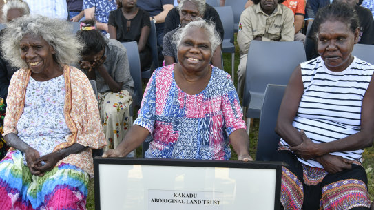 Senior Mirarr traditional owner Yvonne Margarula and other elders at the Jabiru lease handback ceremony.
