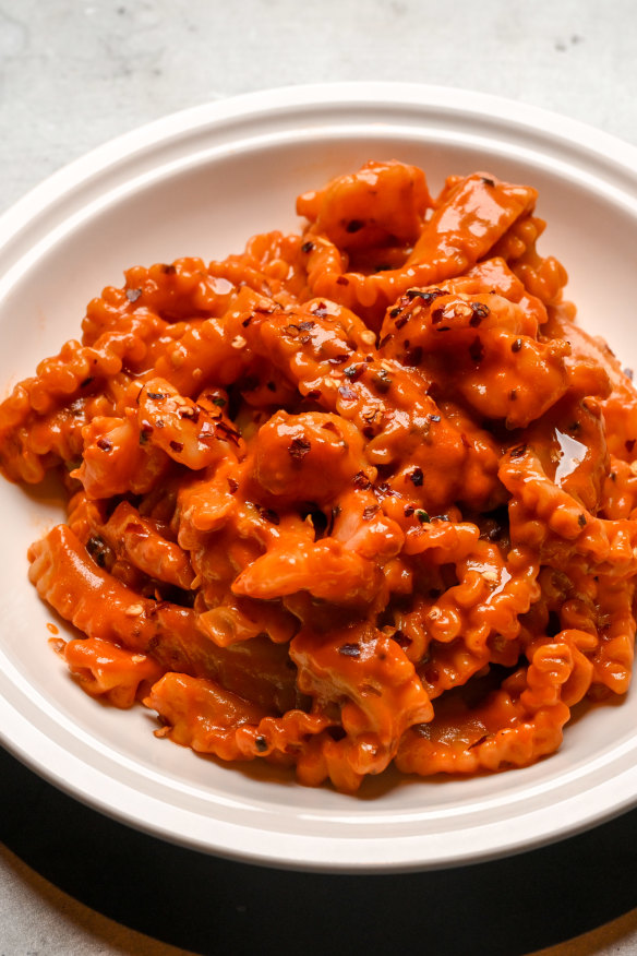 Reginette pasta alla vodka with prawns.