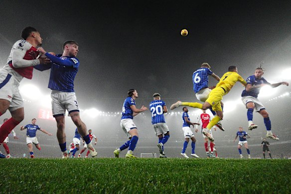 Kalvin Phillips, Arijanet Muric and Luke Woolfenden compete for the ball from a corner during the Premier League match between Arsenal FC and Ipswich Town FC at Emirates Stadium in London.