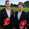South Australian premier Peter Malinauskas (second from left) promotes Gather Round with Zac Bailey of the Brisbane Lions (to his right) , the AFL’s Josh Mahoney and North Melbourne’s Jy Simpkin.