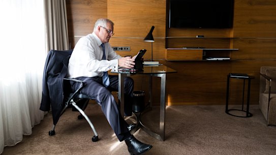 Prime Minister Scott Morrison in his Brisbane hotel room.