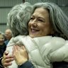 Teal politician Nicolette Boele meets with supporters at the Australian Electoral Commission counting centre in Asquith after winning the seat of Bradfield a month after the federal election in Sydney.