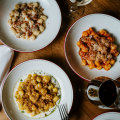 Rossi’s gnocchi comes with a choice of (clockwise from top right) carbonara, wagyu beef ragu or roasted pumpkin sauce.
