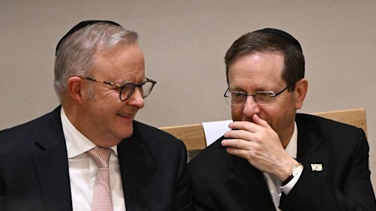 Prime Minister Anthony Albanese (left), and Israeli President Isaac Herzog attend a ceremony to honour the victims of the Bondi terrorist attack during the President’s state visit to Australia.