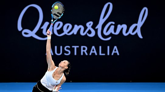 Karolina Pliskova of the Czech Republic serves in her match against Naomi Osaka of Japan during day four of the  2024 Brisbane International at Queensland Tennis Centre. 