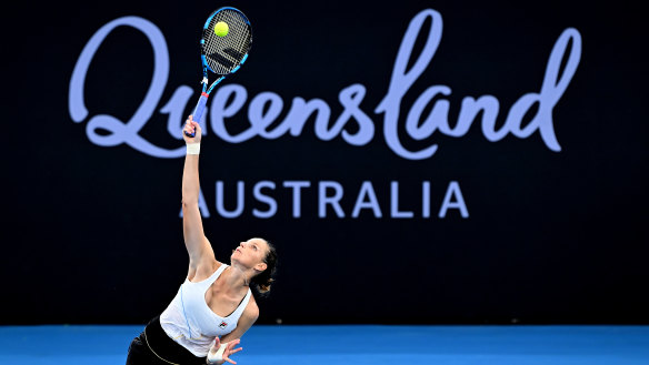 Karolina Pliskova of the Czech Republic serves in her match against Naomi Osaka of Japan during day four of the  2024 Brisbane International at Queensland Tennis Centre. 
