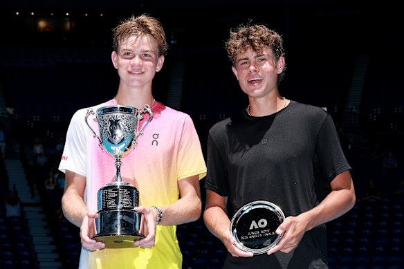 Henry Bernet, of Switzerland, with his boys’ singles winning trophy and runner-up Benjamin Willwerth, of the United States.
