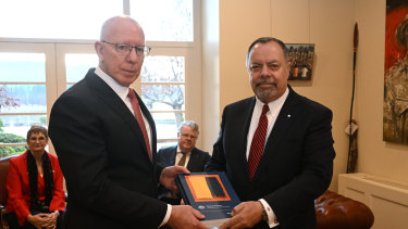 Royal Commission chair Nick Kaldas and fellow commissioners James Douglas and Peggy Brown deliver an interim report on Defence and veteran suicide to Governor-General David Hurley.