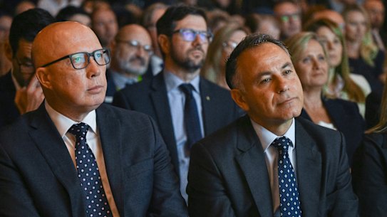 Leader of the Opposition,  Peter Dutton and Victorian opposition leader John Pesutto in a rare public meeting at the launch of the Melbourne Holocaust Museum in November 2023, 