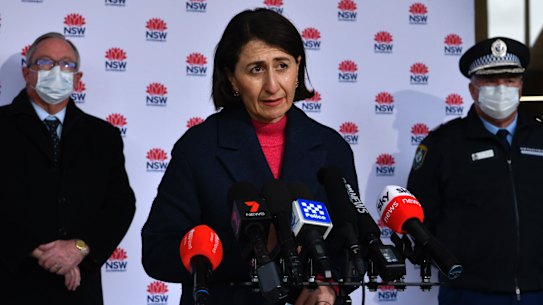 In a joint press conference with NSW Premier this morning at the Royal North Shore Hospital, NSW chief medical officer Kerry Chant, delivered the news of 77 new positive cases across greater Sydney and the death of a ninety year old woman. Photographs taken Sunday 11th July, 2021. Photographs by Dean Sewell. 