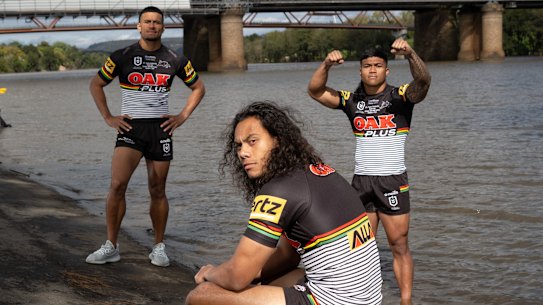 Stephen Crichton, Jarome Luai and Brian To’o pose in Penrith heartland, the Nepean River.