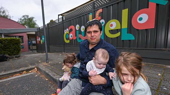 Seraphya Berrin with his children Hadar (3), Zimra (2) and Oz (six months).