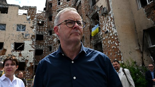Prime Minister Anthony Albanese tours damaged residential areas in Irpin on the outskirts of Kyiv on Sunday.