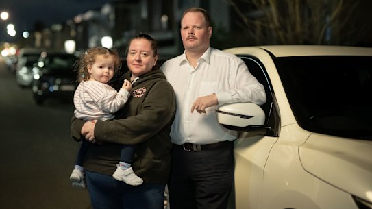 Josh and Courtney Blake, with daughter Mackenzie at home in Schofields, depend on the $60 a week toll cap to manage their budget.