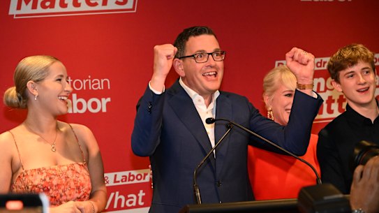 Premier Daniel Andrews with wife Catherine and children Noah (left), Grace and Joseph on Saturday night.