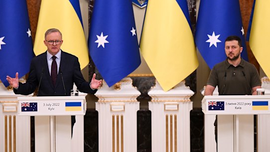 Australian Prime Minister Anthony Albanese (left) and Ukrainian President Volodymyr Zelenskiy speak to the media during a press conference at the Presidential Palace in Kyiv, Ukraine, Sunday, July 3, 2022.