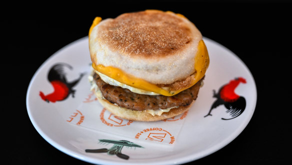 A breakfast muffin with sausage, egg, cheese and “Bazzinga” sauce.