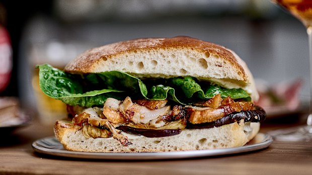 The porchetta and eggplant panino at Arno Deli, Newcastle.