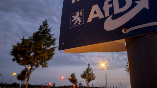 An election poster of right wing party AfD is fixed on a pole during the Hesse federal state election in Frankfurt, Germany.
