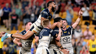 The Cowboys celebrate Jeremiah Nanai’s try in the win over the Tigers - the first time the North Queensland club have ever scored more than 30 points in four consecutive outings.