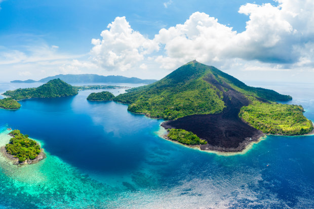 Aerial view of the lava flow on Banda Neira in the Banda Islands.