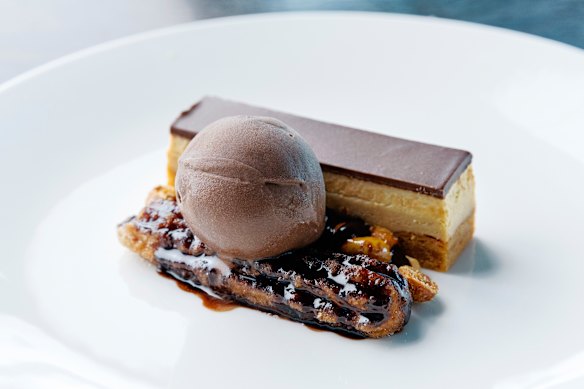 Salted caramel slice with hazelnut and dulce de leche, churros and chocolate ice-cream.