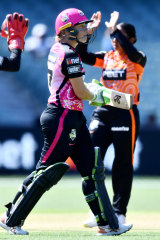 Alyssa Healy after being bowled by Alana King.