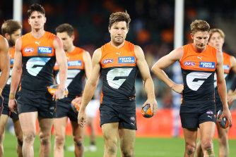 Toby Greene and his Giants teammates after the clash with St Kilda.