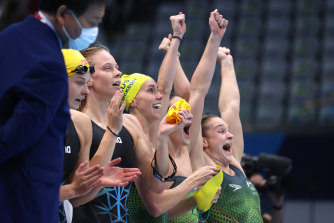 Australiaâs relay swimmers celebrate victory on Sunday.