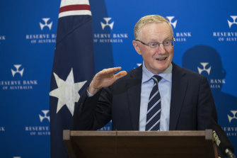 Reserve Bank Governor Philip Lowe addresses the media after raising the official cash rate to 0.35 per cent.