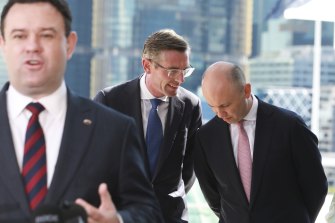 Generational shift: Perrottet with  Stuart Ayres and Treasurer Matt Kean. Ayres is the Minister for Enterprise, Investment and Trade, for Tourism and Sport, and for Western Sydney.