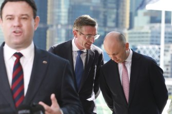 Generational shift: Perrottet with Stuart Ayres and Treasurer Matt Kean. Ayres is the Minister for Enterprise, Investment and Trade, for Tourism and Sport, and for Western Sydney.