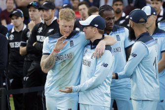Ben Stokes and Eoin Morgan embrace after the 2019 World Cup final.