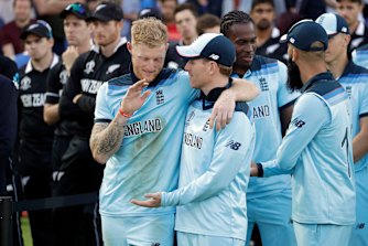 Ben Stokes and Eoin Morgan hug after the 2019 World Cup final.