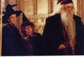 Miriam Margolyes (centre) as Professor Sprout, with Maggie Smith and Richard Harris, in Harry Potter and the Chamber of Secrets.